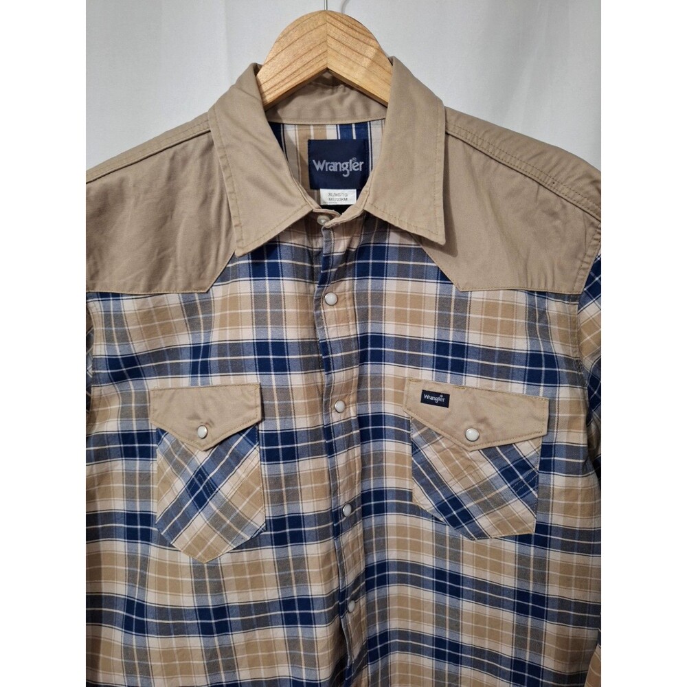 Wrangler Shirt Mens XL Beige Blue Plaid Western Pearl Snap Brush Popper Heavy